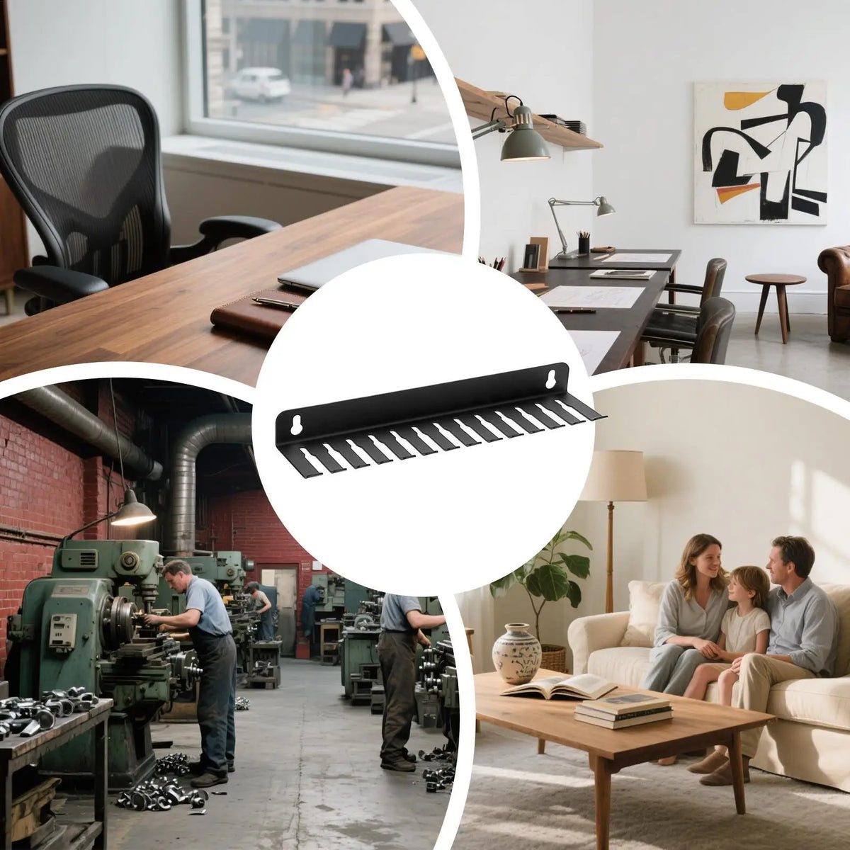 Multi-scene collage showing the steel cable rack used in different rooms including an office, workshop, and living room