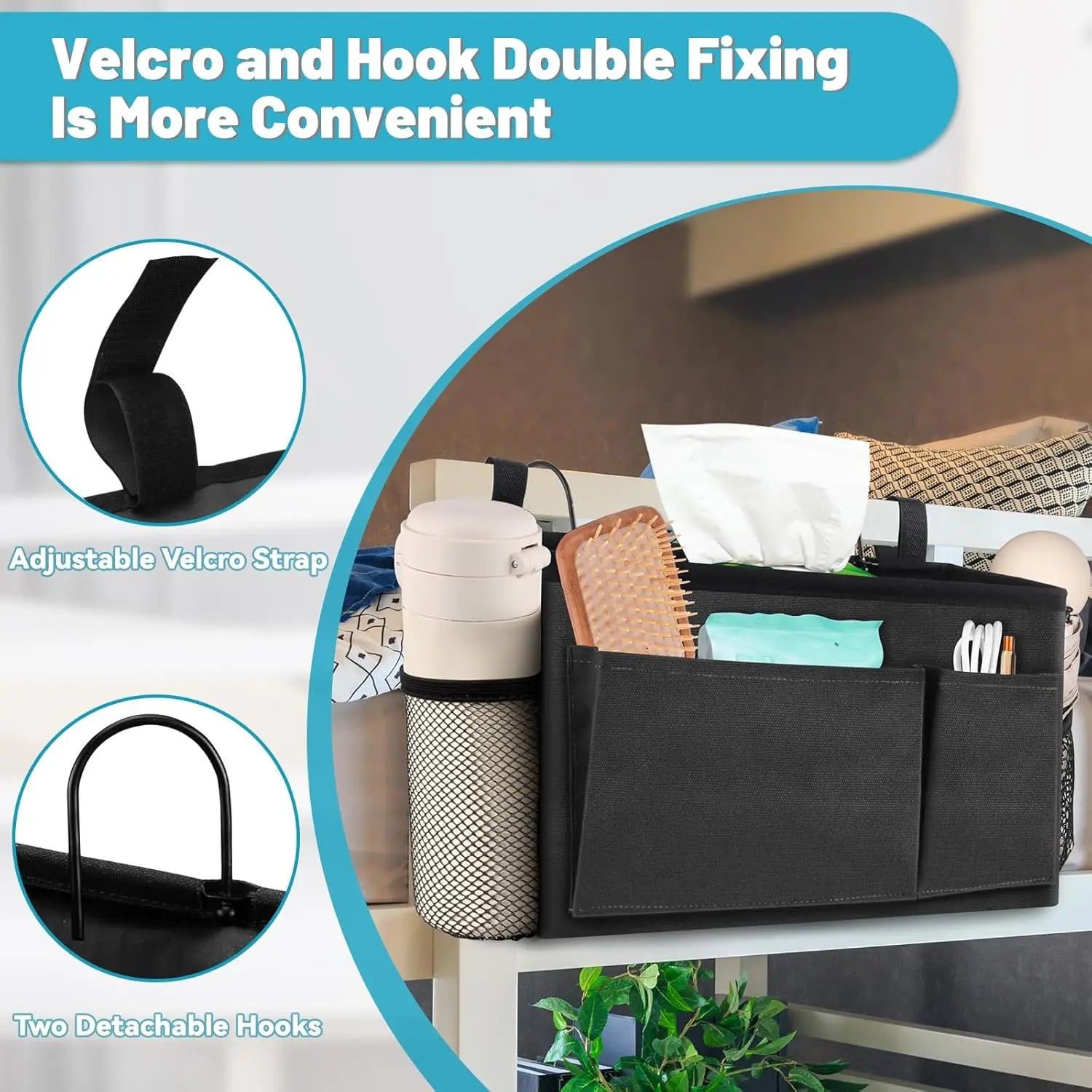 Black bedside caddy organizer attached to a bunk bed rail, showing Velcro strap and metal hook detail