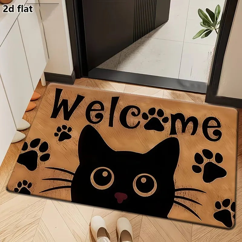Cartoon black cat welcome doormat with paw prints in indoor entryway