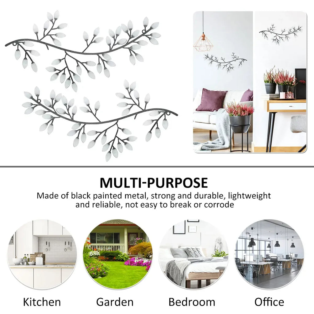 White olive branch metal wall art set with styling examples in kitchen, garden, bedroom, and office spaces