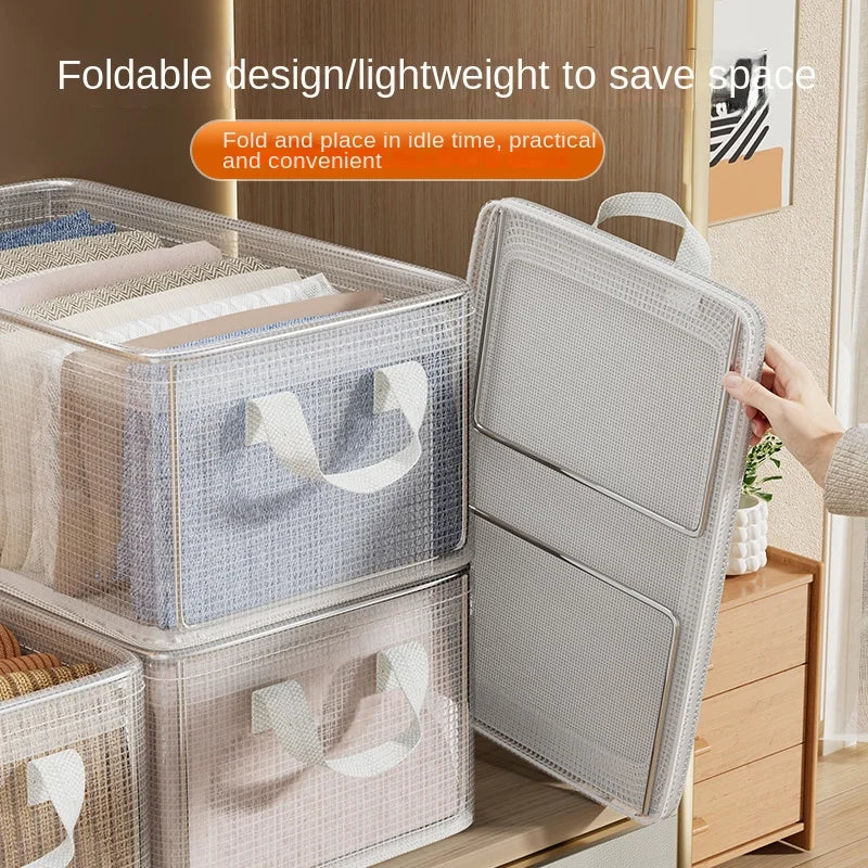 Foldable transparent storage basket with reinforced base, shown collapsed for space saving