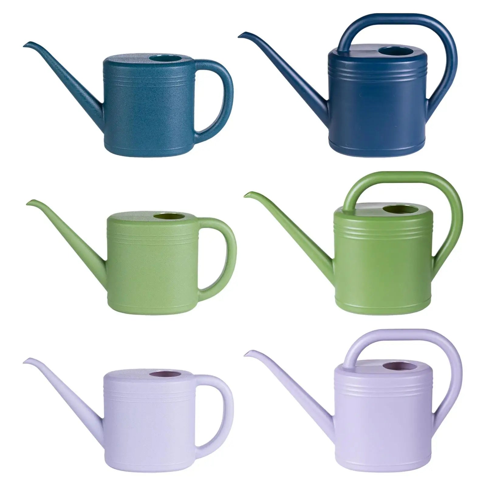 Reverse view of blue, green, and violet plastic watering cans with long spouts