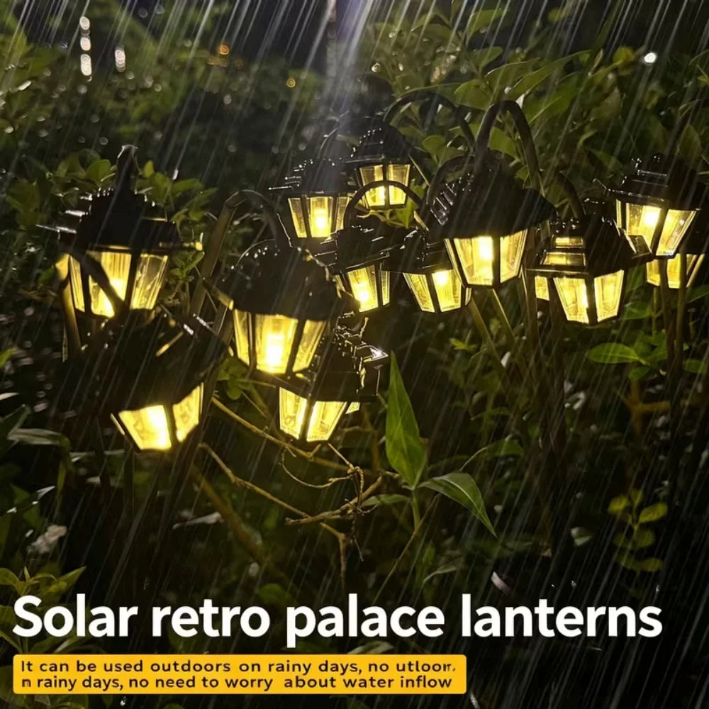 Solar lantern stake lights in the rain with decorative text overlays