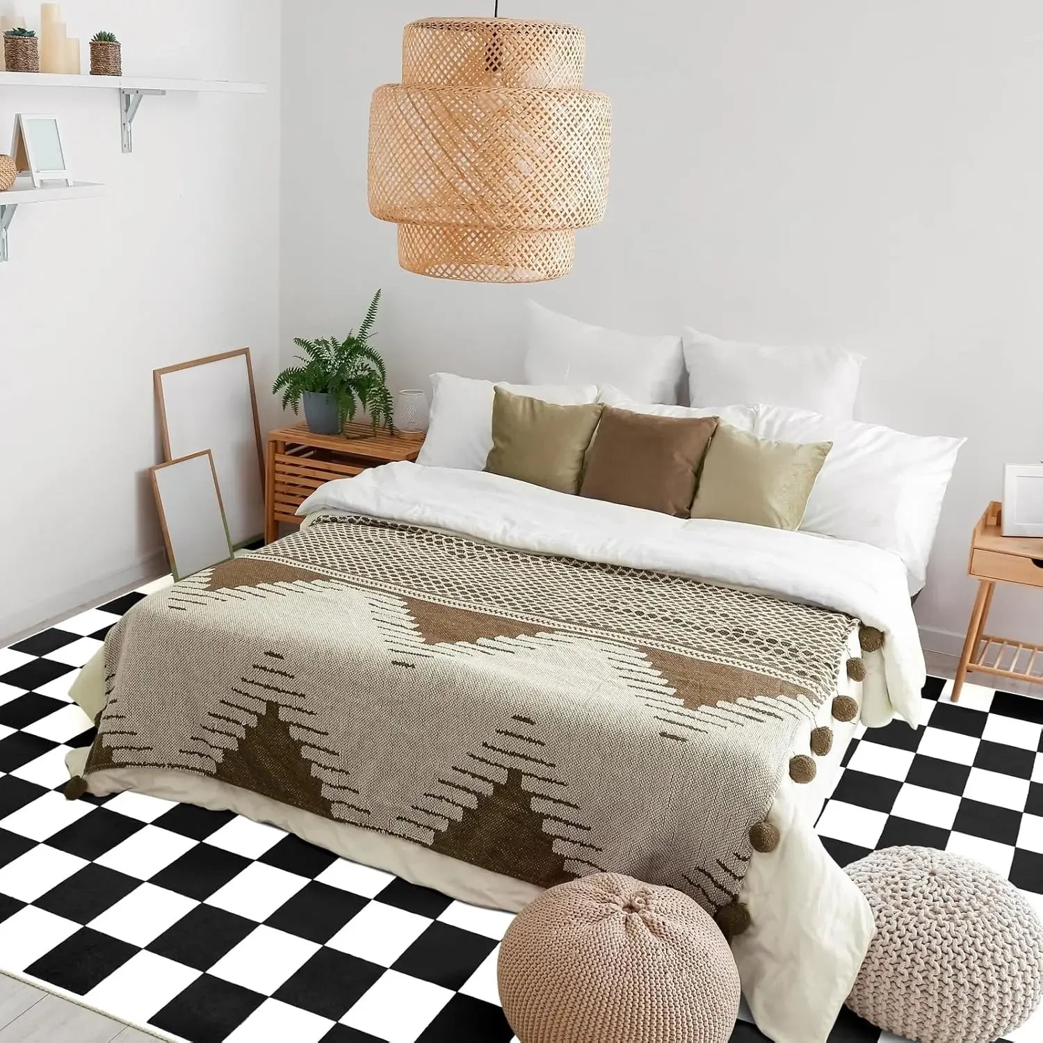 Black and white checkered area rug in a cozy bedroom under bed with neutral bedding and poufs