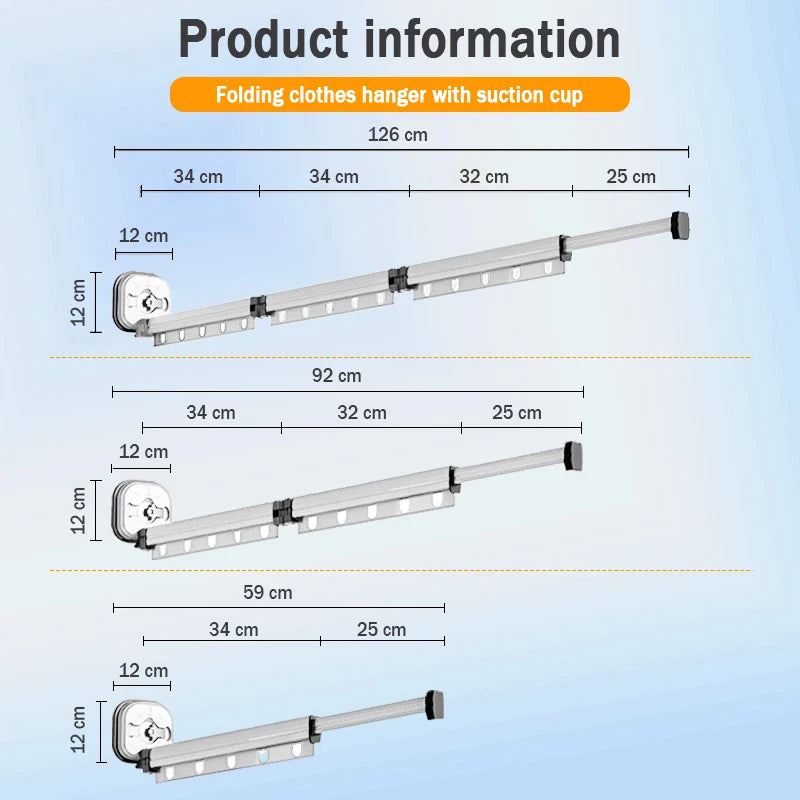 White Folding Suction Cup Drying Rack, Aluminum Wall-Mounted Telescopic Clothes Hanger for Laundry & Balcony