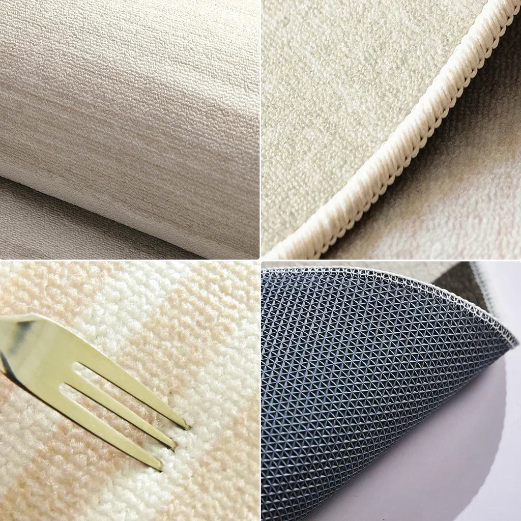 Close-up collage of rug's fleece surface, stitched edge, and TPR non-slip backing detail
