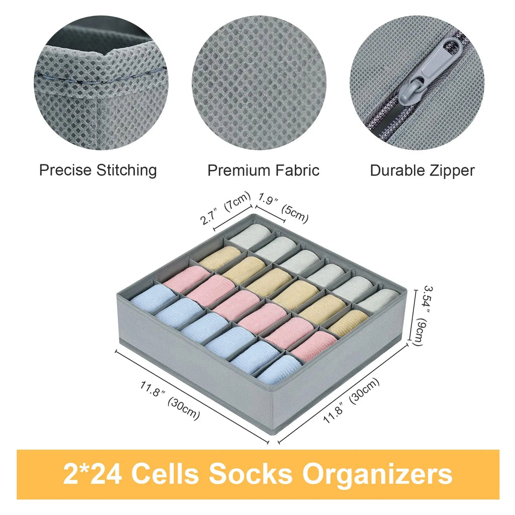 Grey 24-cell socks organizer with close-up images of stitching, fabric texture, and zipper, plus product measurements