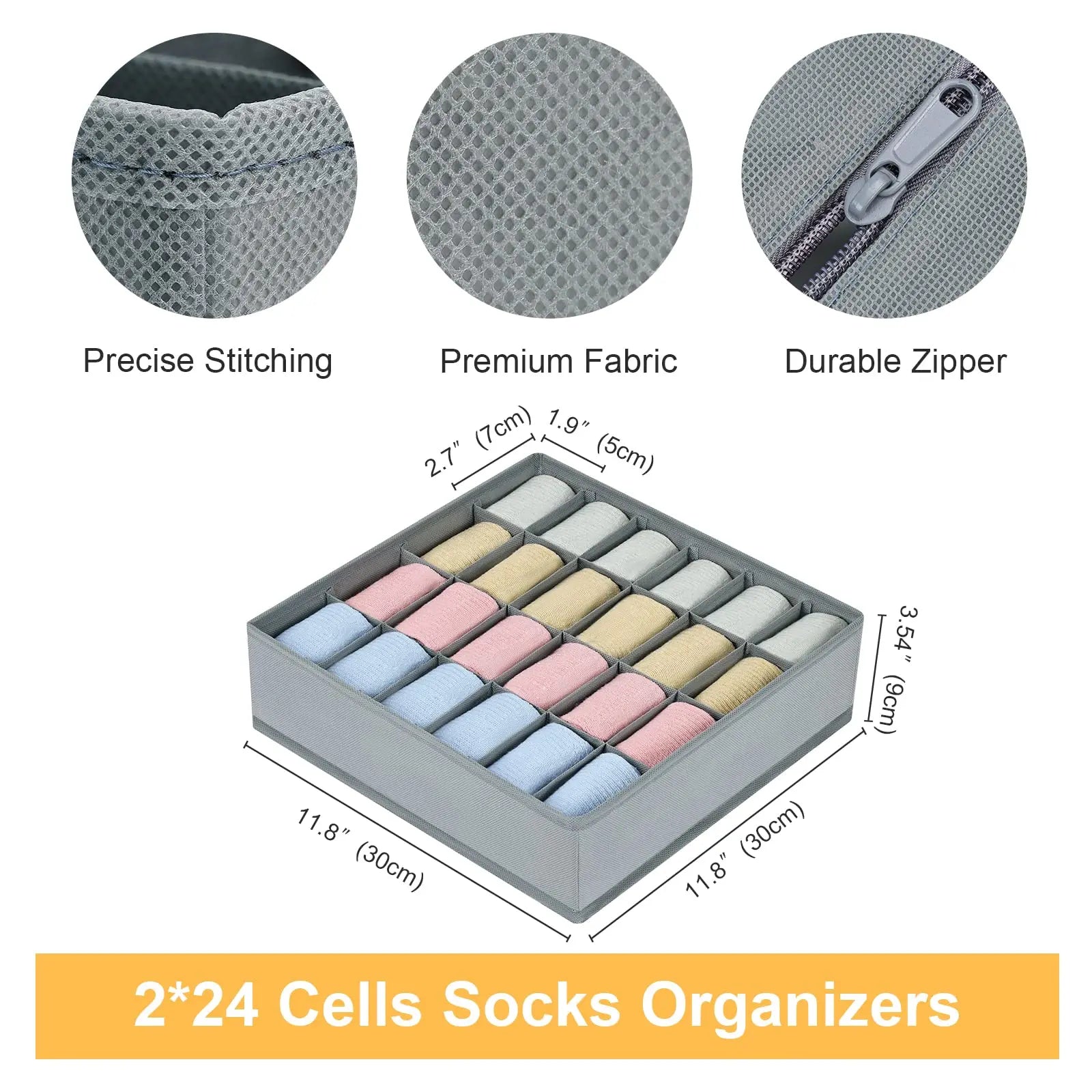 Grey 24-cell socks organizer with close-up images of stitching, fabric texture, and zipper, plus product measurements