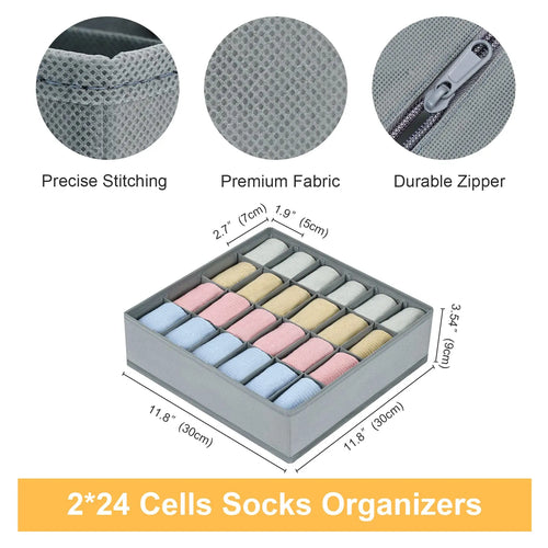 Grey 24-cell socks organizer with close-up images of stitching, fabric texture, and zipper, plus product measurements