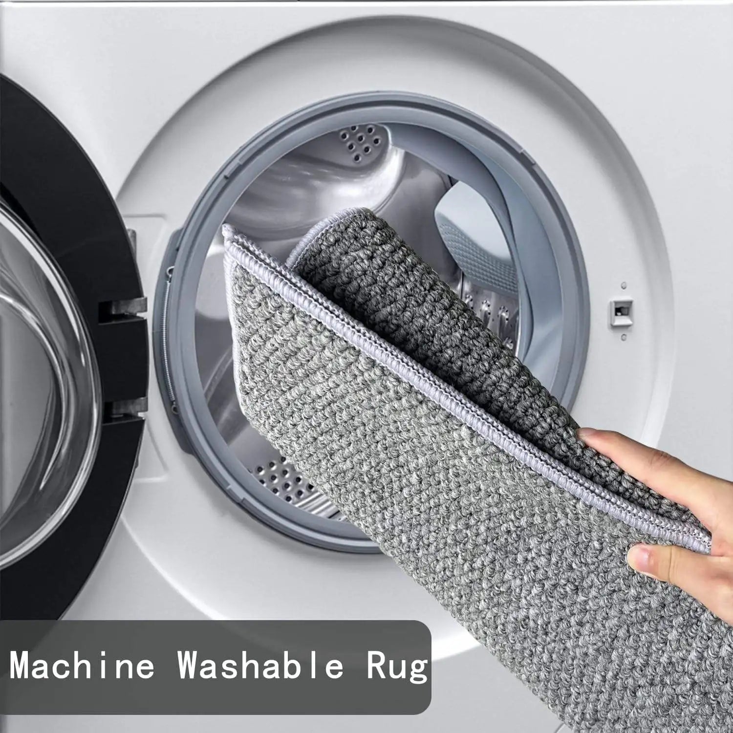 Gray textured rug being placed in a washing machine to show it's washable