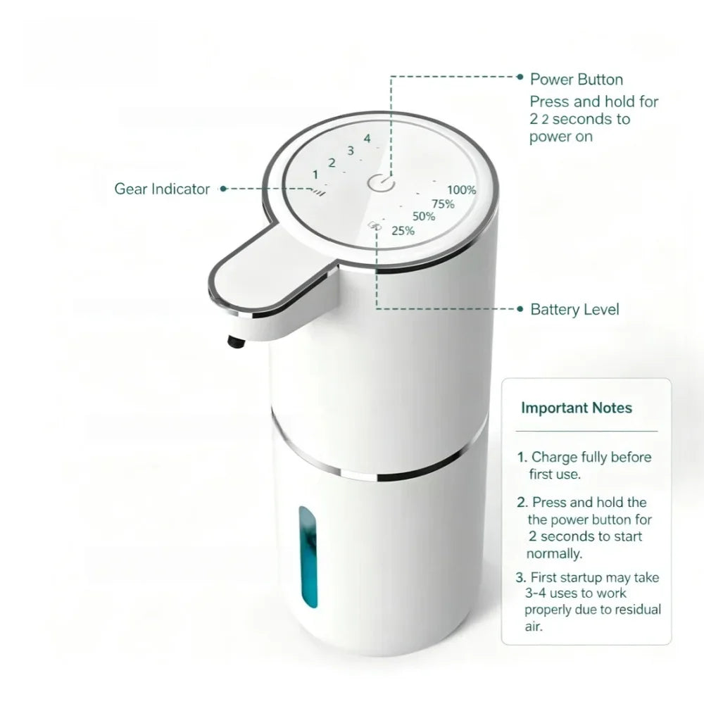 close-up of soap dispenser controls including power button, gear indicator, and battery light