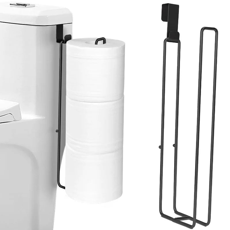 Black over-tank toilet paper holder, shown on a white toilet and as a standalone piece