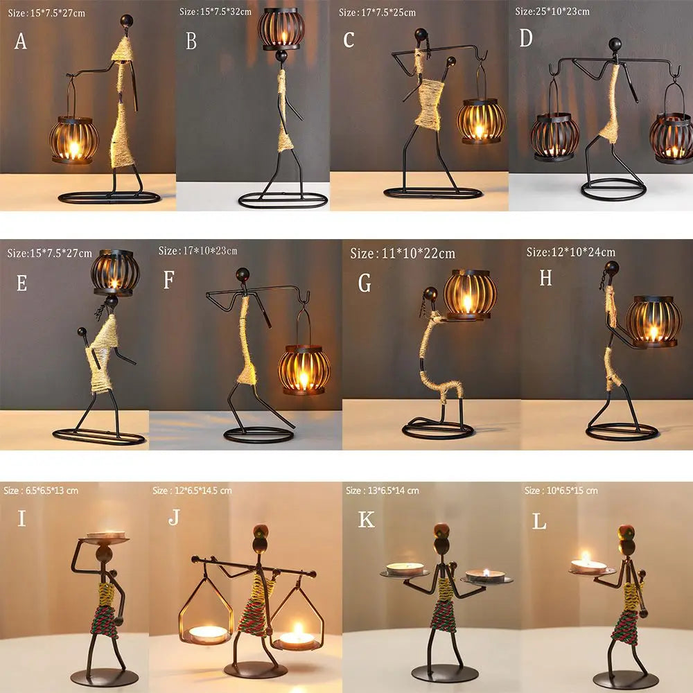 Assorted abstract character metal candle holders in various poses, labeled with size and option letter