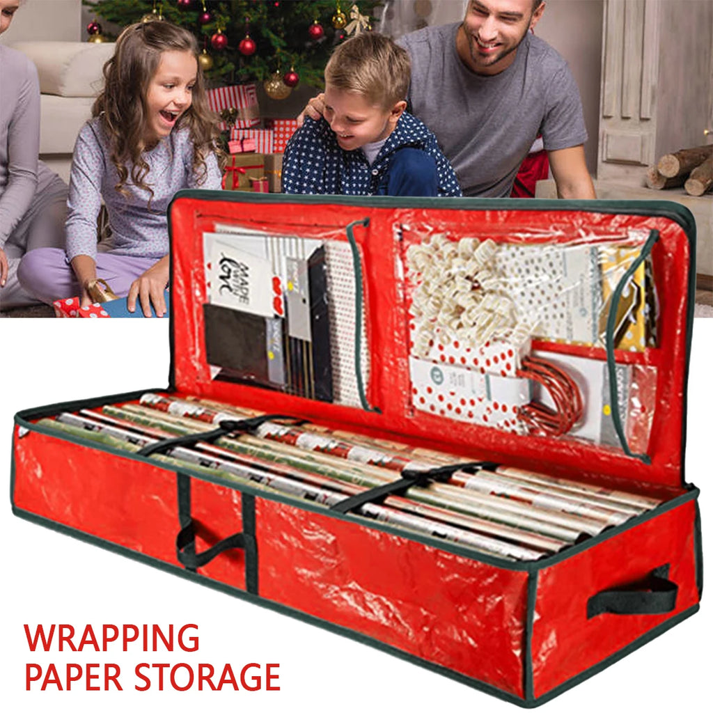 Family sitting near Christmas tree with red gift wrap storage bag open, showing organized wrapping supplies.