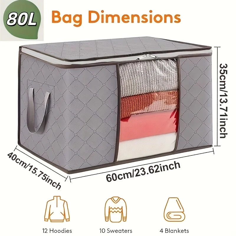 Single gray storage bag showing 80 liter capacity, dimensions 60cm by 40cm by 35cm, filled with folded sweaters and hoodies, handles on both sides.