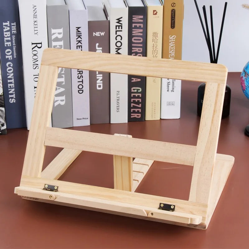 Wooden book stand placed on a desk with books in the background
