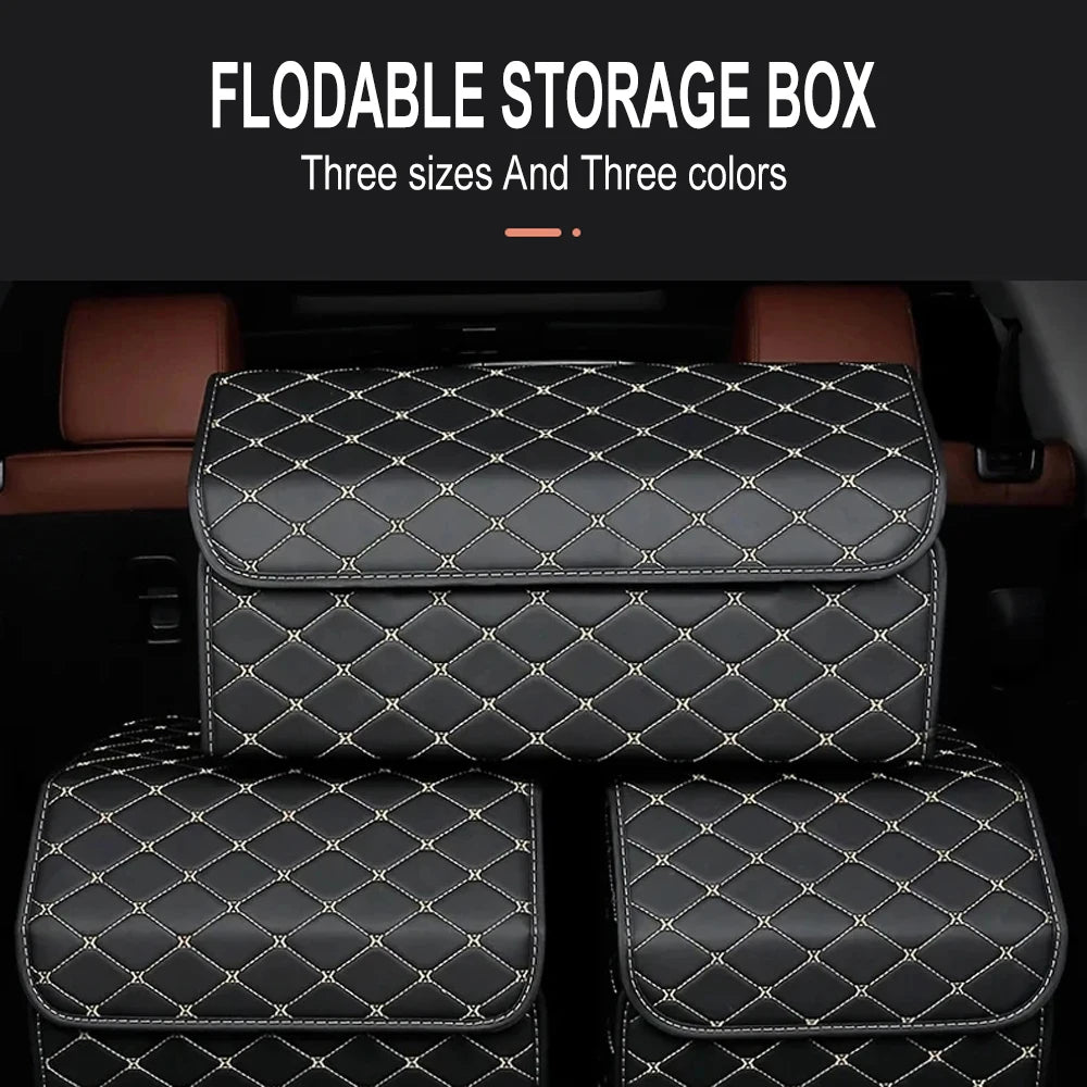 Three quilted PU folding car trunk organizers in black with different stitching, shown in a vehicle trunk