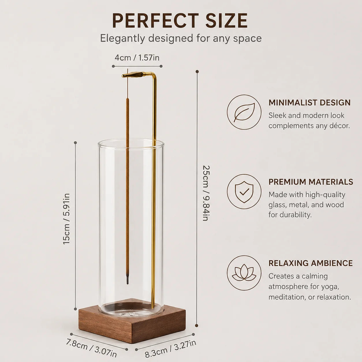 Infographic showing dimensions and features of glass tube incense holder with wood base