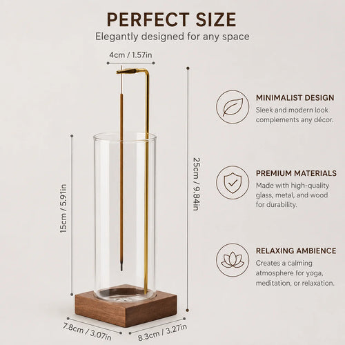 Infographic showing dimensions and features of glass tube incense holder with wood base