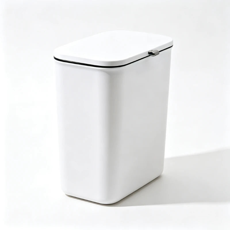 Wall-Mounted Rectangular Trash Bin with Lid – White Plastic, 9L