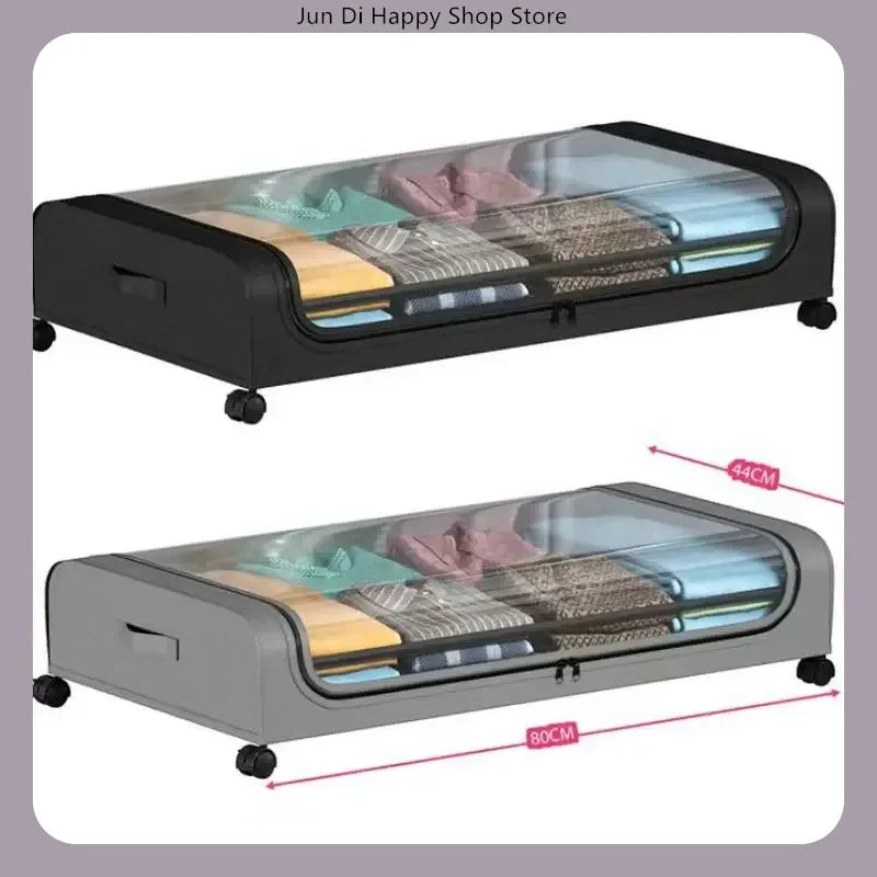 Black and gray rolling underbed storage drawers with clear lids, filled with folded clothes
