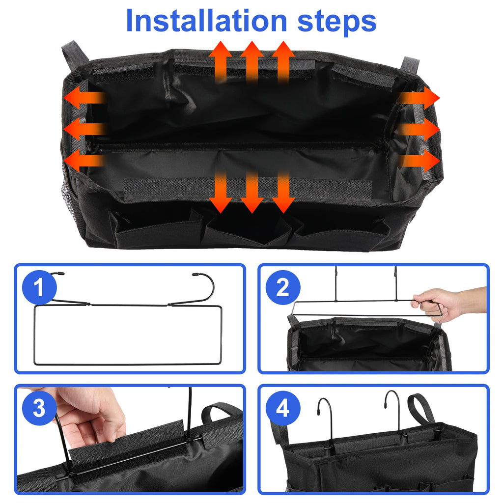 Installation steps diagram for bedside hanging caddy with metal hooks