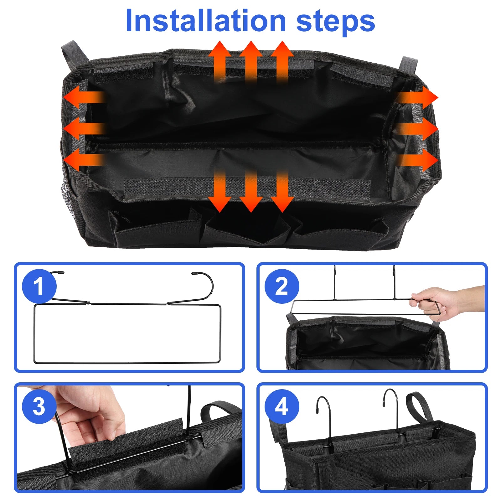 Installation steps diagram for bedside hanging caddy with metal hooks