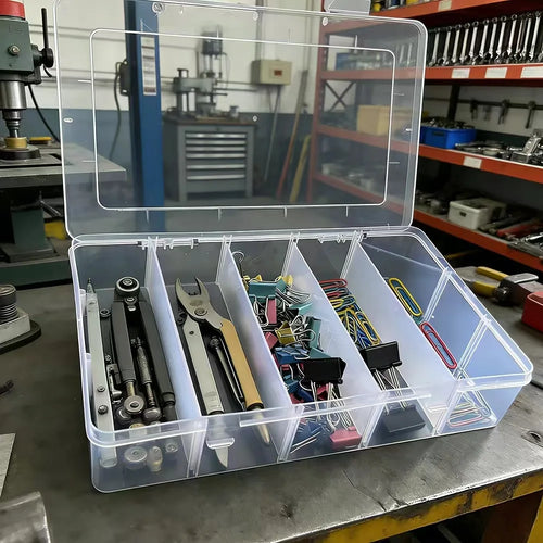 Clear plastic organizer box with 5 compartments storing tools and office clips on a workbench