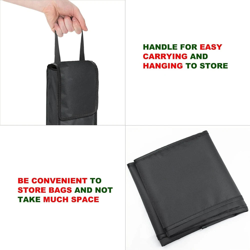 Handle of black storage bag being carried and bag folded flat for compact storage