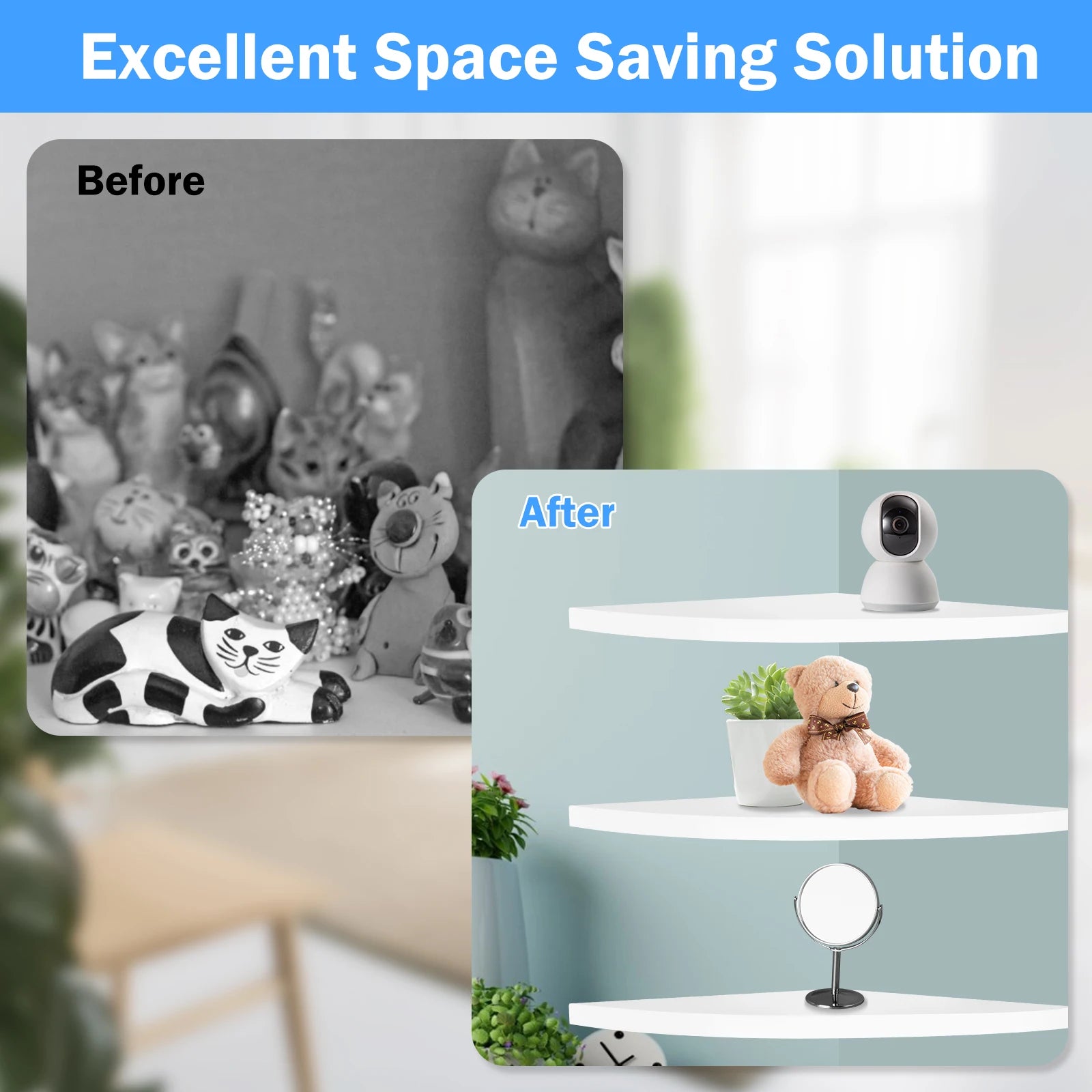 Before and after photo showing a crowded display area and an organized look with three white corner shelves holding a few items