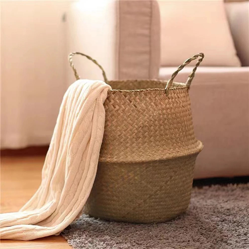 Handwoven Seagrass Plant Basket with Handles for Home Storage & Decor