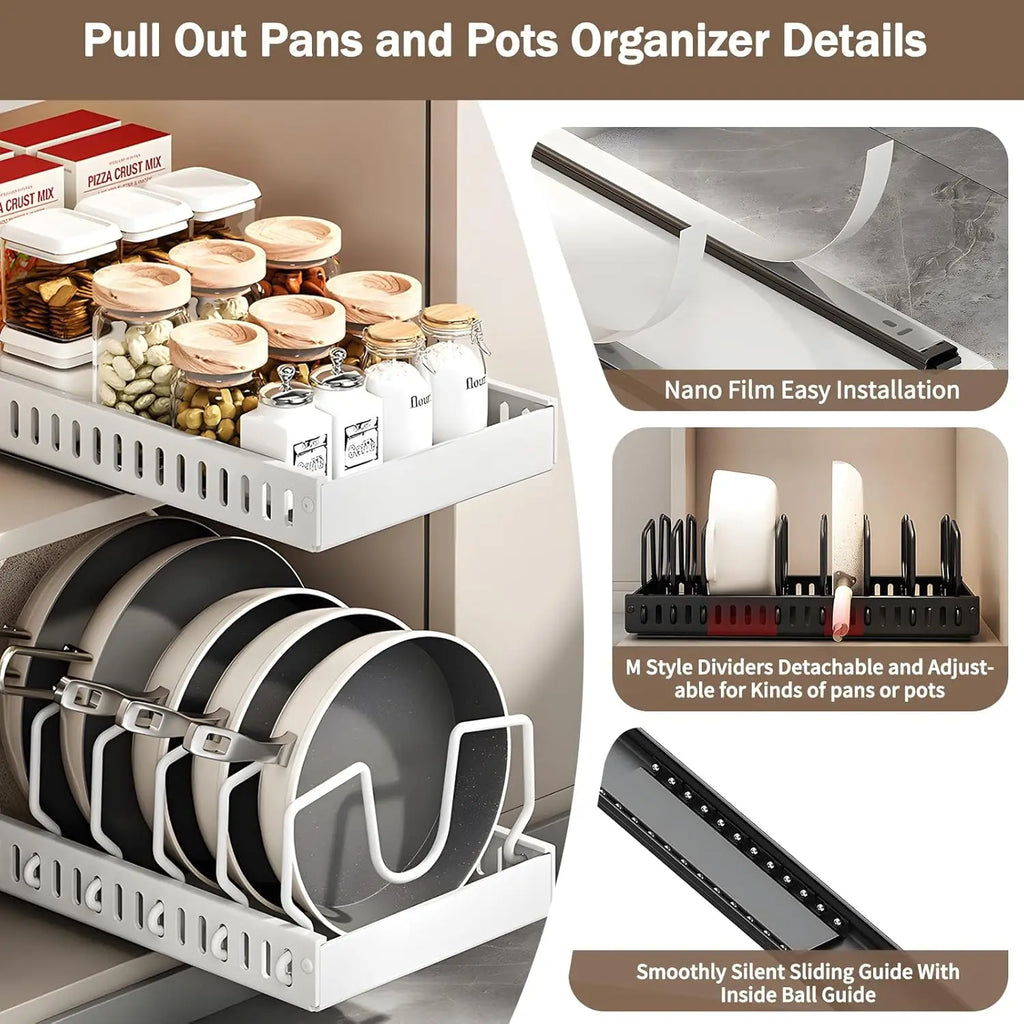 pull-out cabinet organizer showing adjustable dividers and easy installation