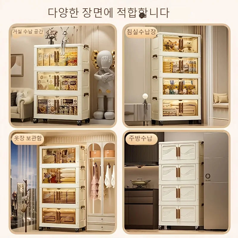 Collage showing the cabinet used in bedroom, living room, wardrobe, and kitchen settings