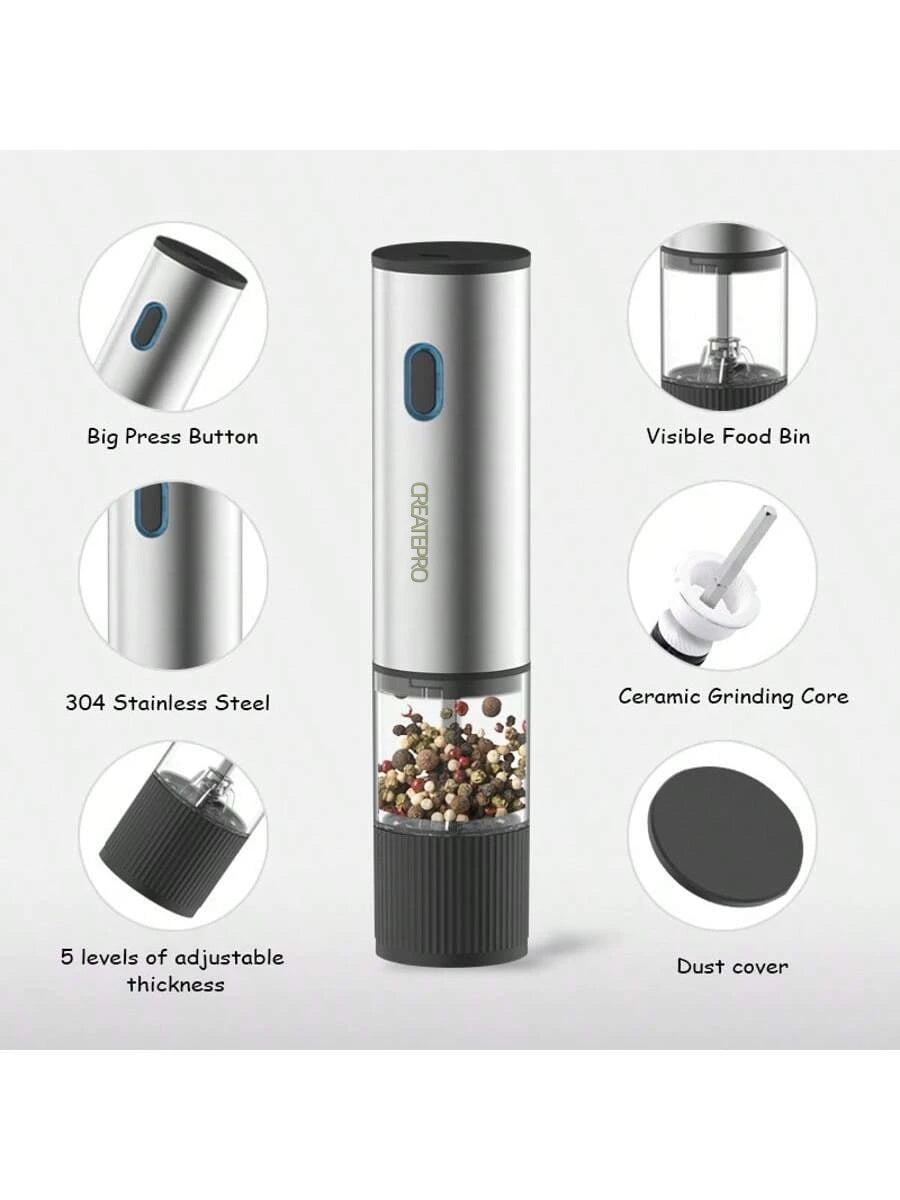 Electric salt and pepper grinder details showing button, stainless steel body, and ceramic mechanism