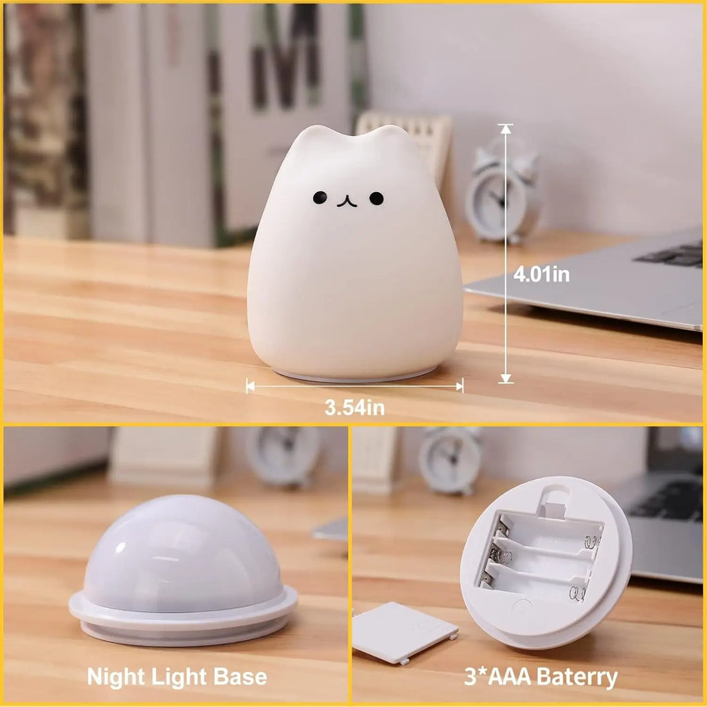 Cat night light on a desk with close-ups of the night light base and battery compartment, including measurements