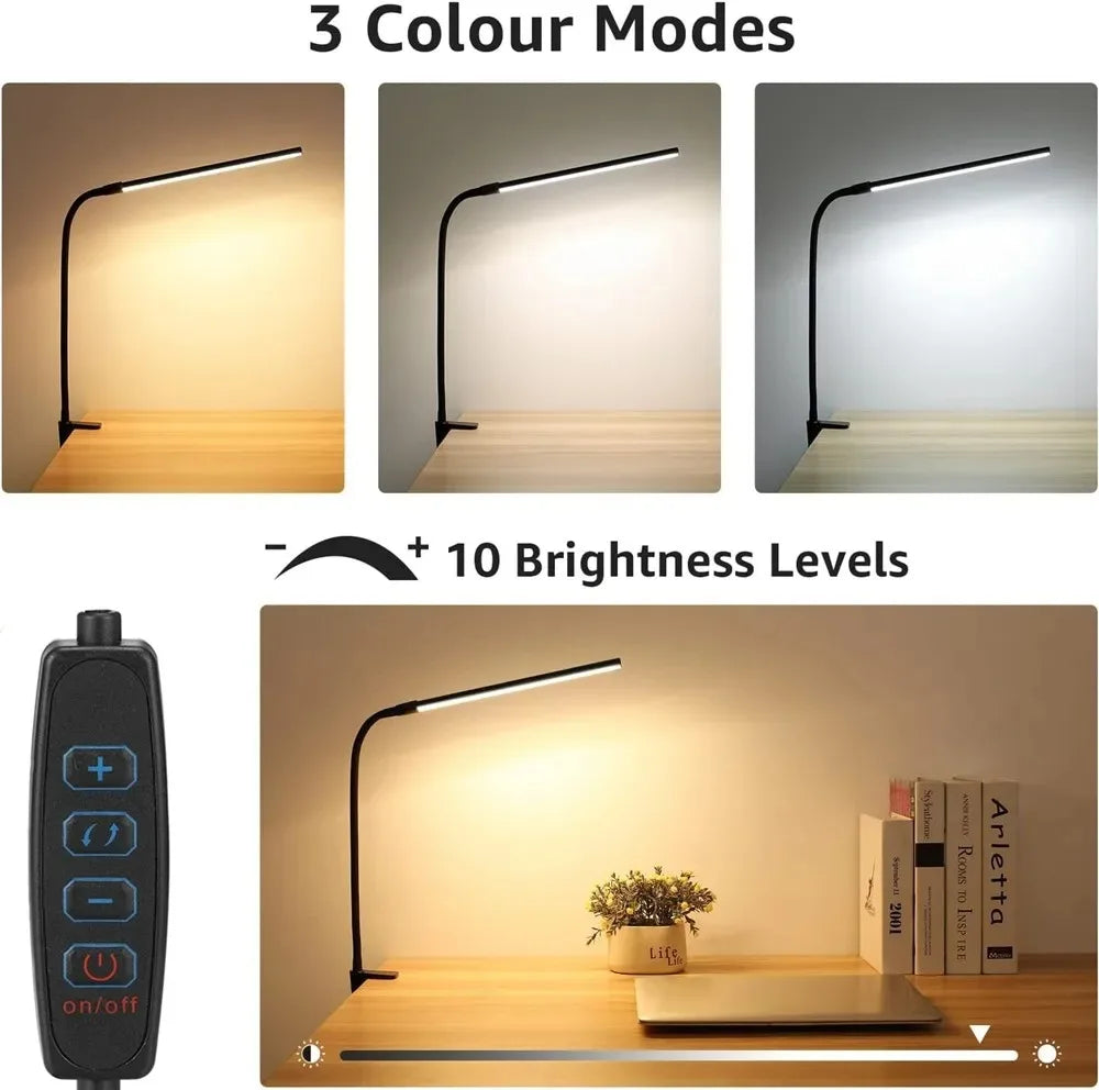 LED desk lamp with three color modes and remote that adjusts brightness