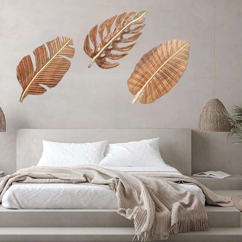 Willow Leaf Wooden Wall Art Set – Boho Sculptural Decor (3pc)