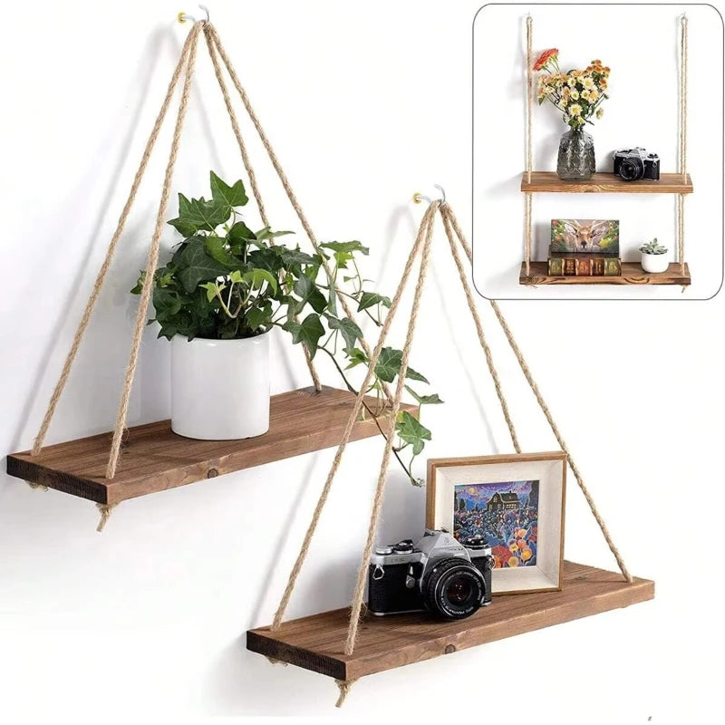 Harbor Rope Hanging Shelf – Wood Floating Wall Display