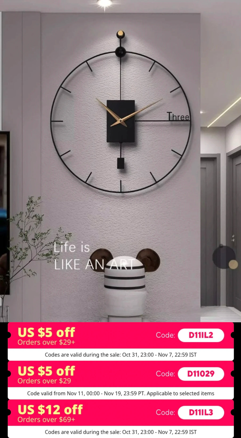 Large geometric metal wall clock with swingable pendulum on modern living room wall
