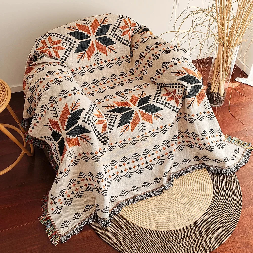 Oversized Geometric Fringe Throw Blanket for Sofa, Bed & Outdoor Picnics