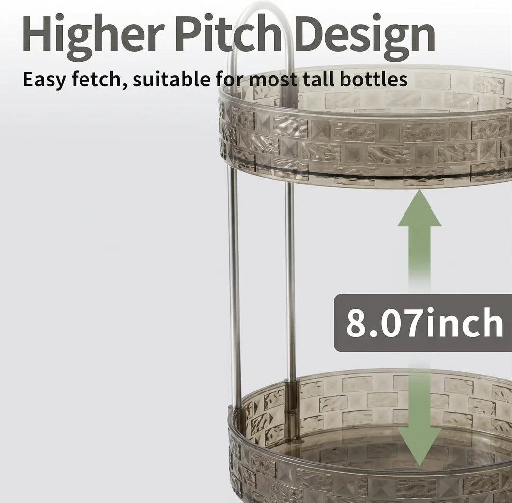 Close-up of two-tier rotating makeup organizer with tall bottle space, labeled as higher pitch design