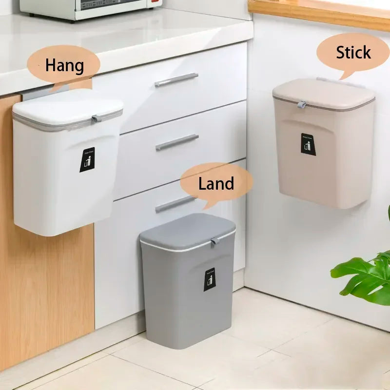 Three trash bins in white, gray, and beige shown mounted and sitting on the floor for different placement options
