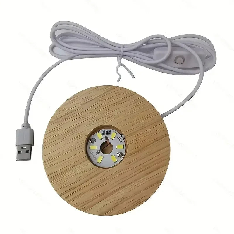 Round wooden LED display light base with USB cable and switch