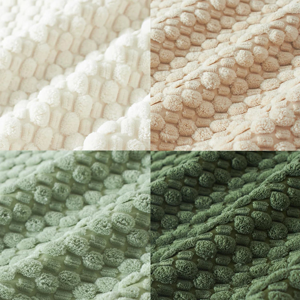 Closeup of textured corduroy pillow fabric in four colors: white, beige, light green, and dark green, showing geometric woven pattern