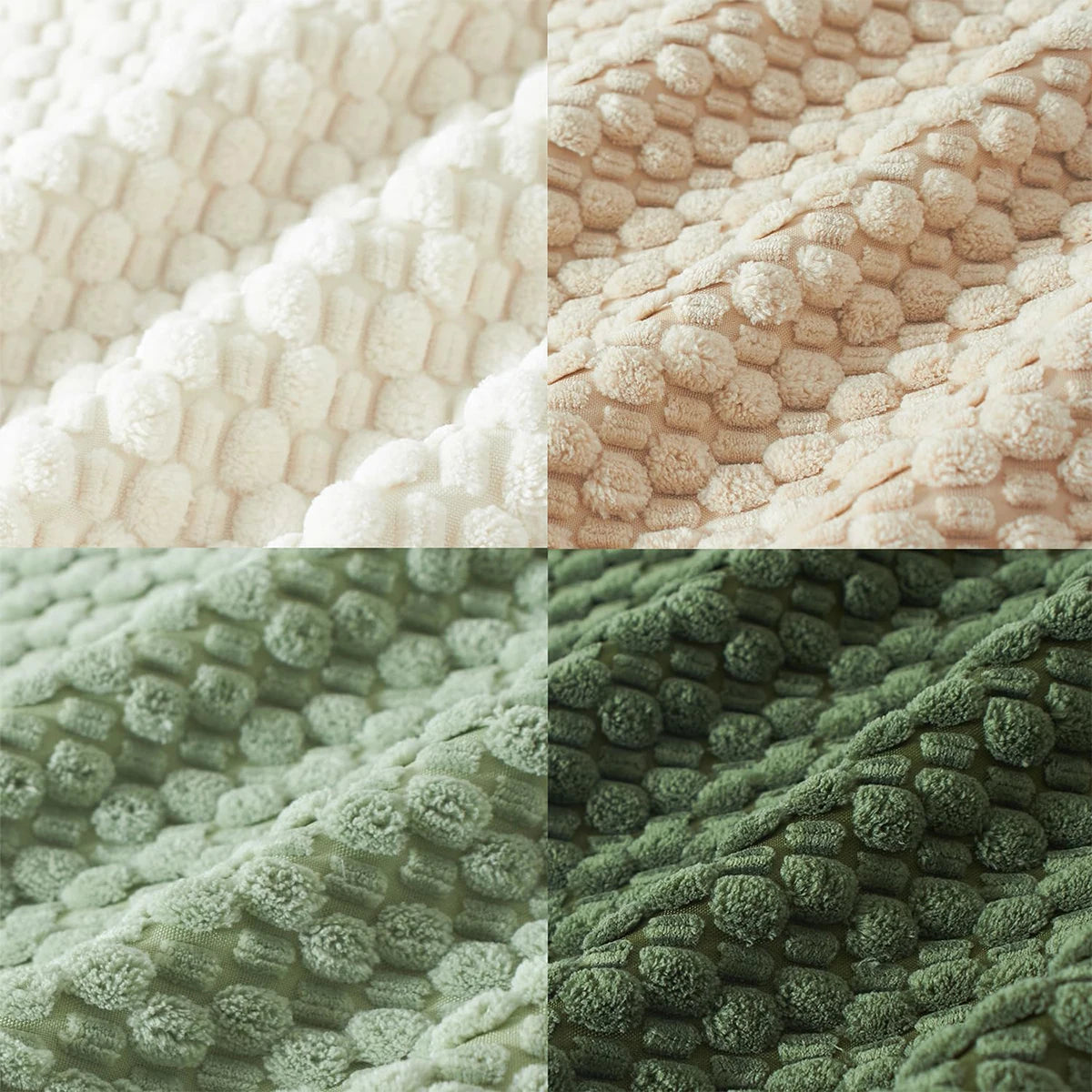Closeup of textured corduroy pillow fabric in four colors: white, beige, light green, and dark green, showing geometric woven pattern