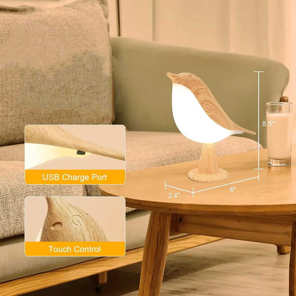 USB charging and touch control features shown on the bird night light beside a sofa