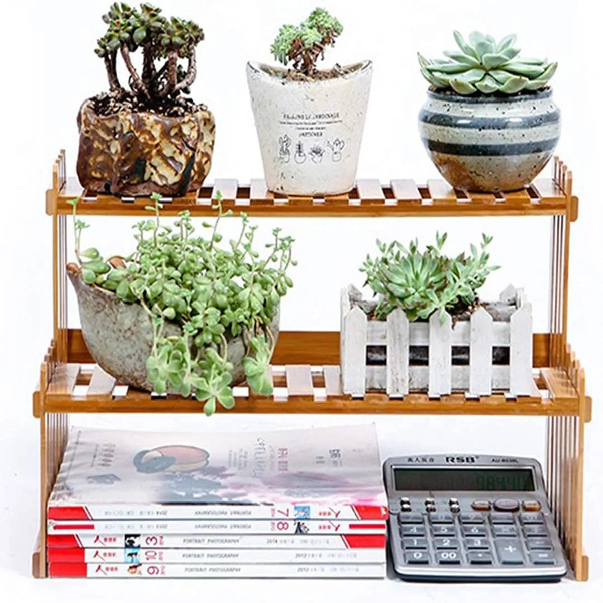 2-Tier Bamboo Plant Stand Shelf for Windowsill, Countertop, or Desk Organization