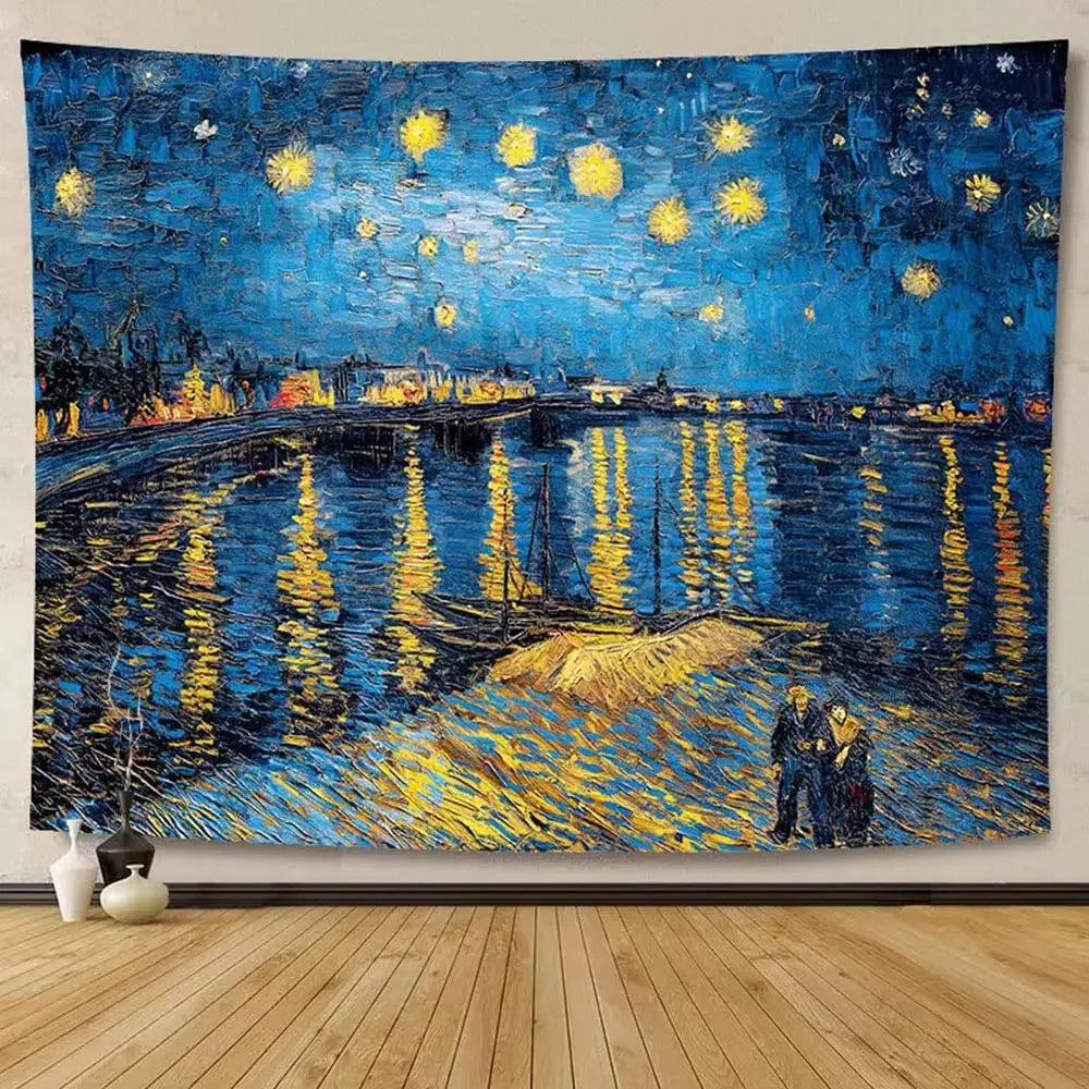 Van Gogh-inspired starry night wall tapestry hanging in a living room setting