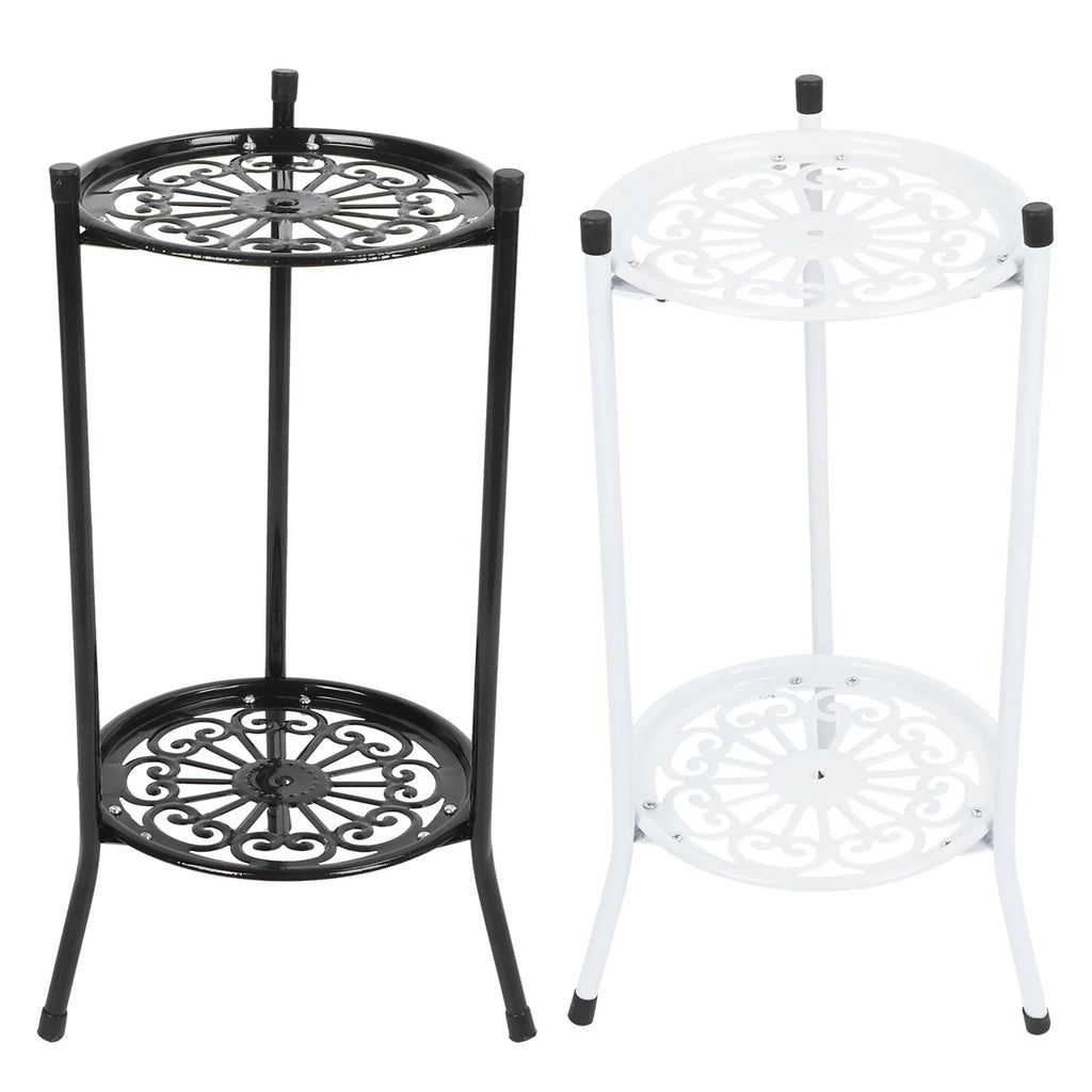 Black and white metal 2-tier plant stands side by side