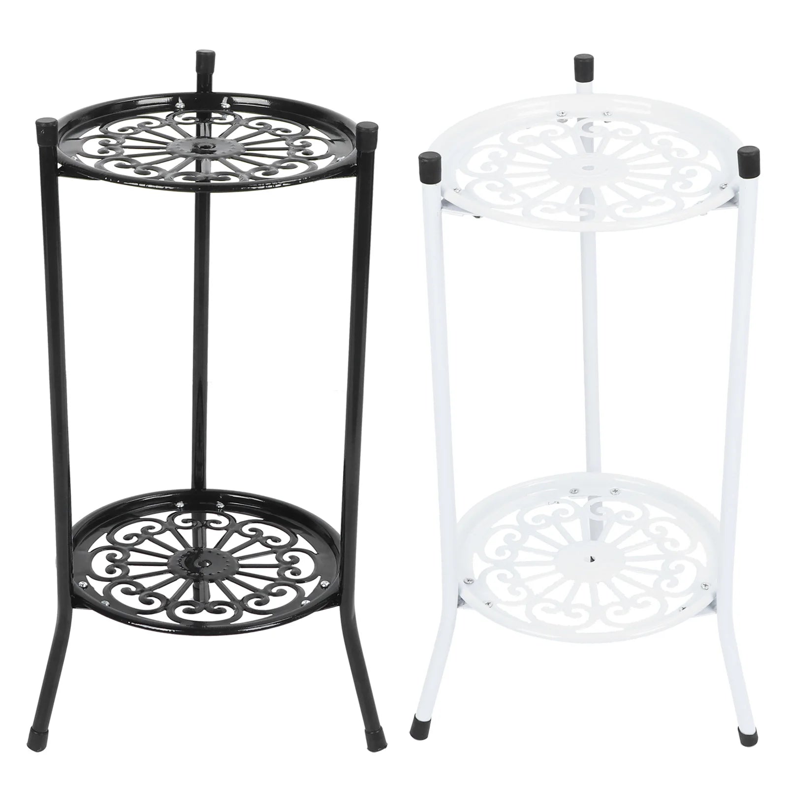 Black and white metal 2-tier plant stands side by side